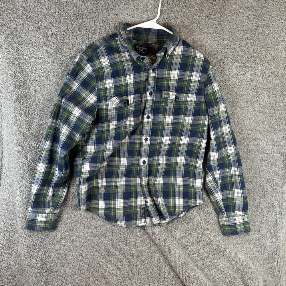 Abercrombie & Fitch Shirt Mens Medium Green Blue Plaid Flannel Button Down